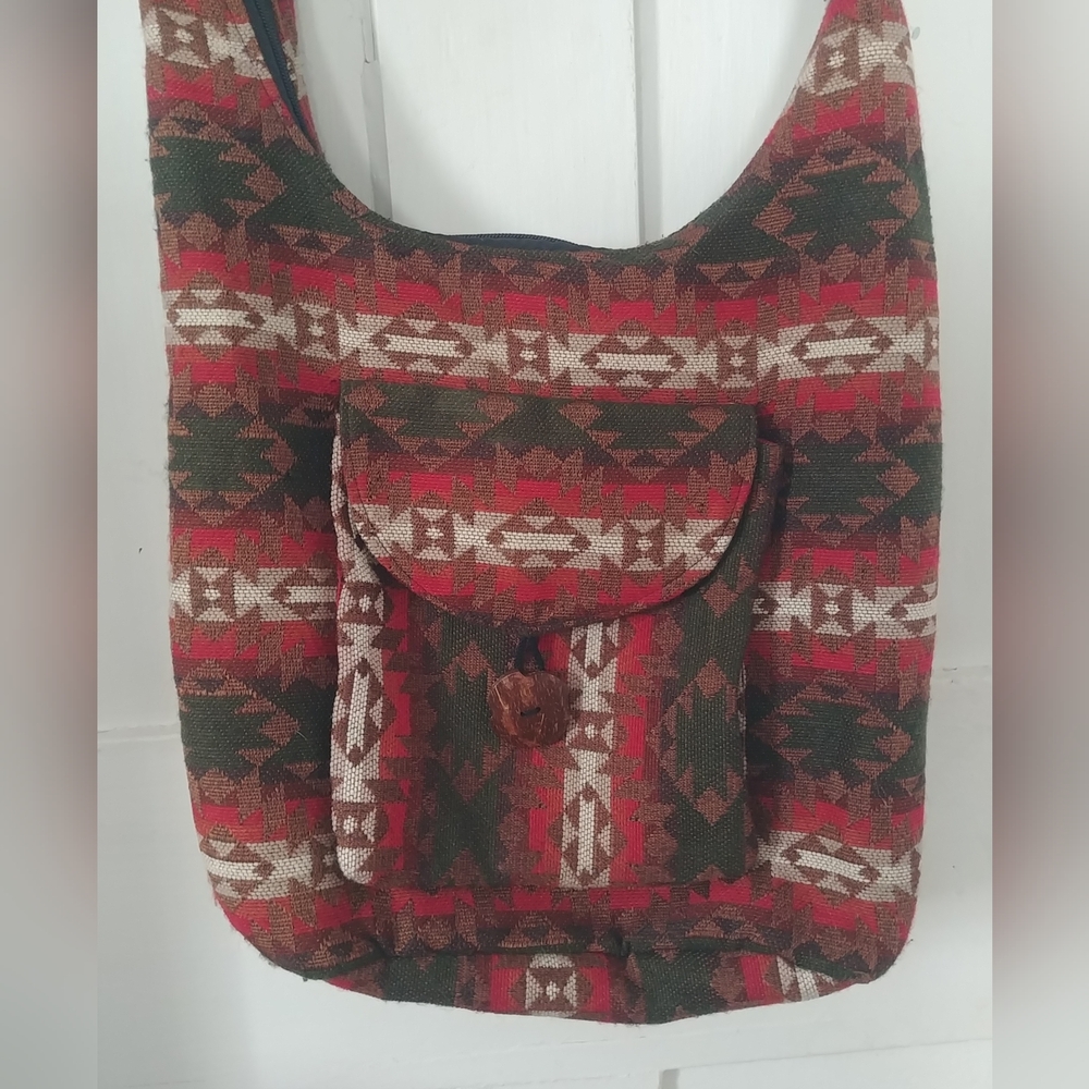 Handmade Wool Crossbody Red Green Brown Bag Purse Tribal Aztec